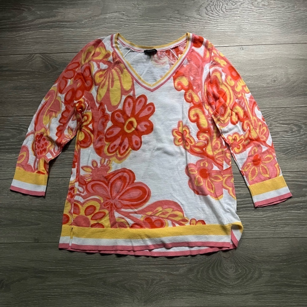 Talbots 100% Cotton Lightweight White Pink Orange Floral V Neck Sweater Size M